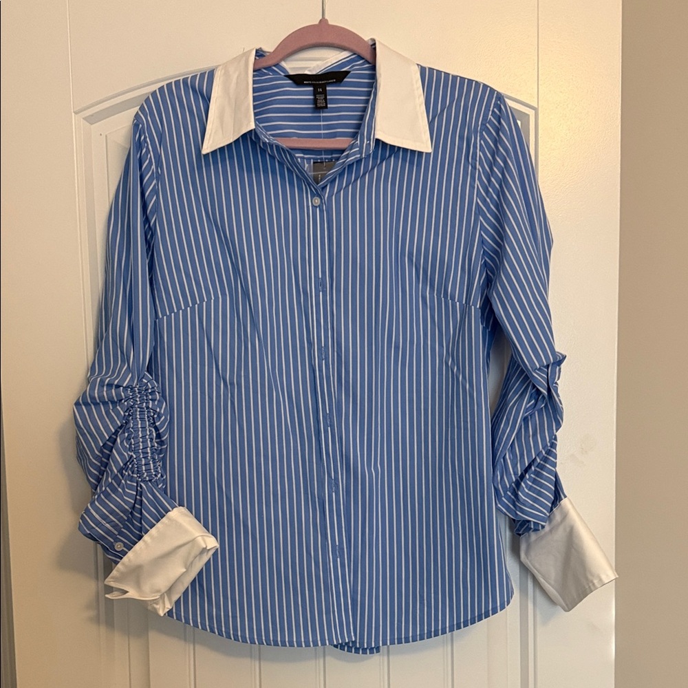 White House Black Market Blue Striped Blouse with White Collar